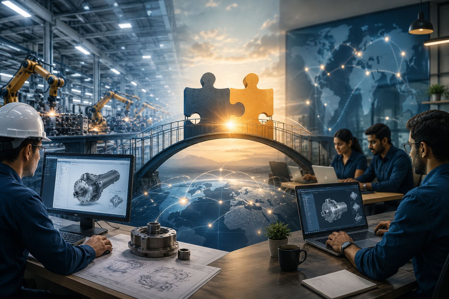Engineers reviewing a cross-border project execution plan